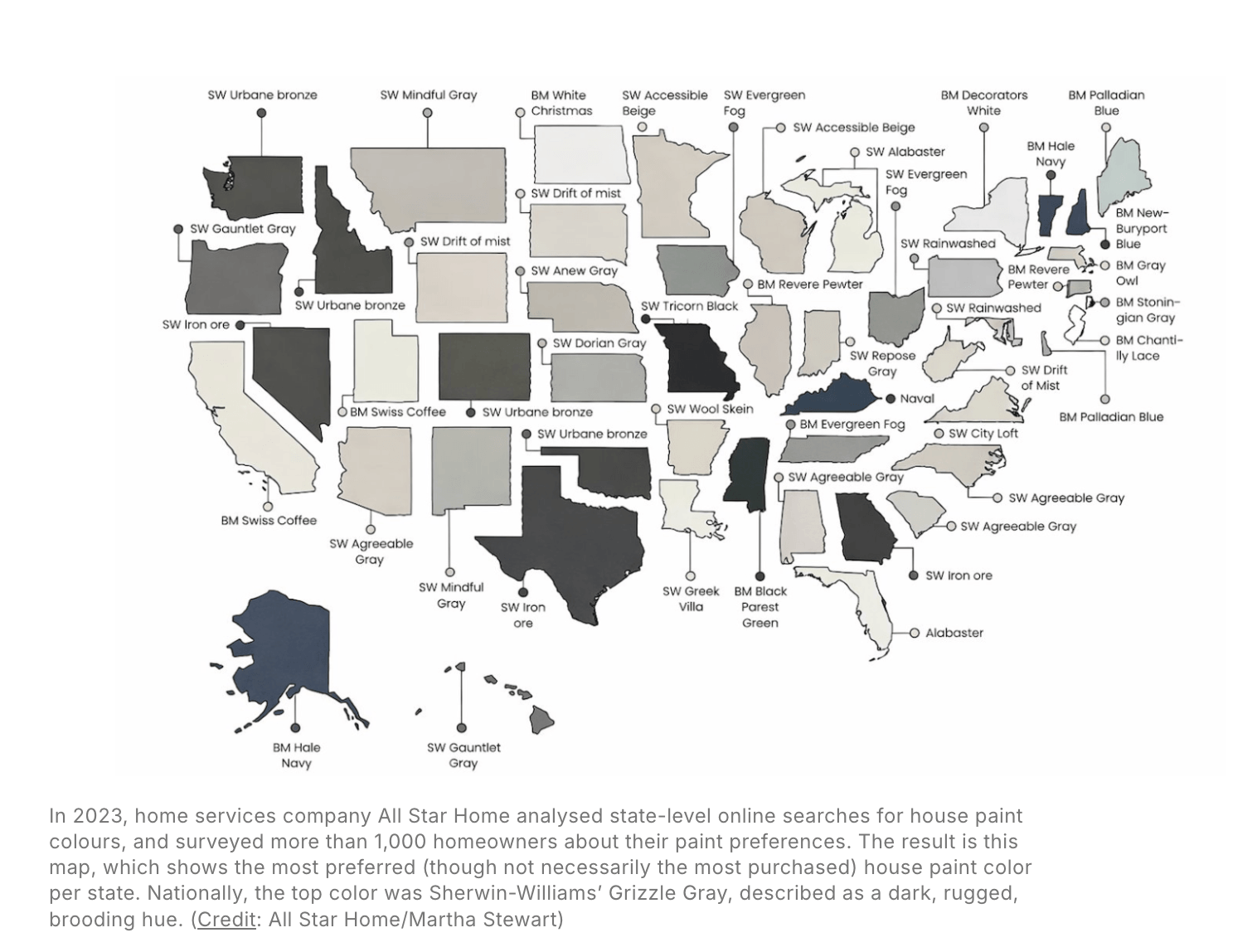 Map illustrating most popular house color by state.