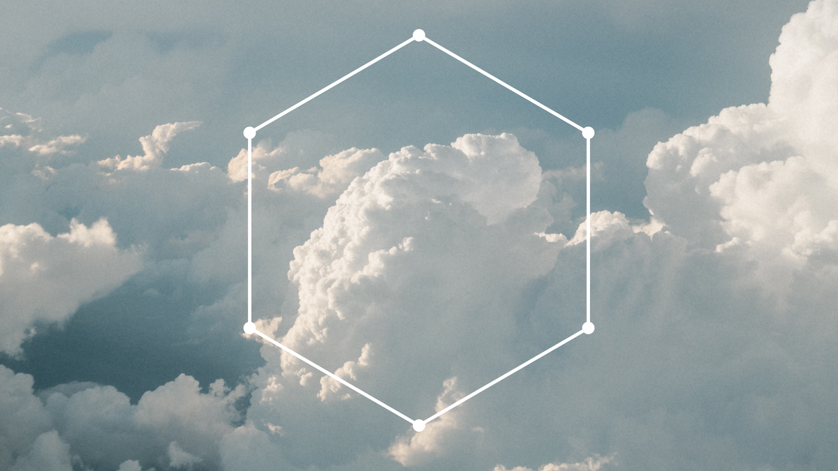 Photo of a blue sky with clouds, overlaid with a graphic of a hexagon.