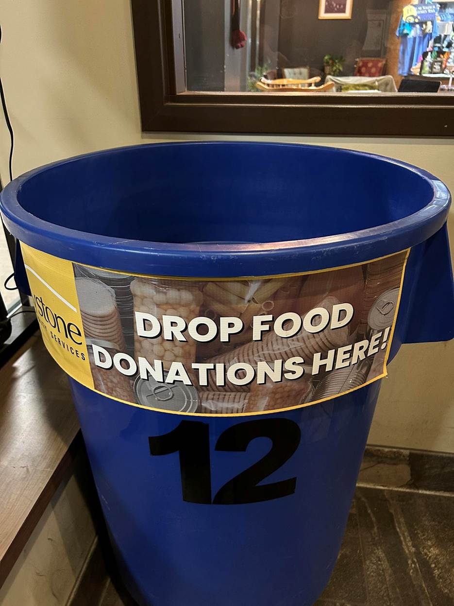 May be an image of text that says '74 лe WEES EBVIGES sone LE DROP DONATIONSHER DROPFOOD FOOD DONATIONS HERE!'