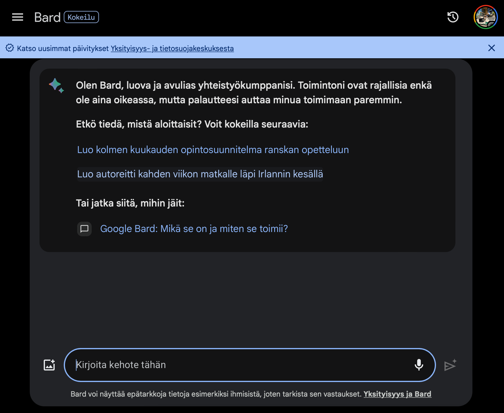 esimerkki Google bardin käytöstä suomeksi