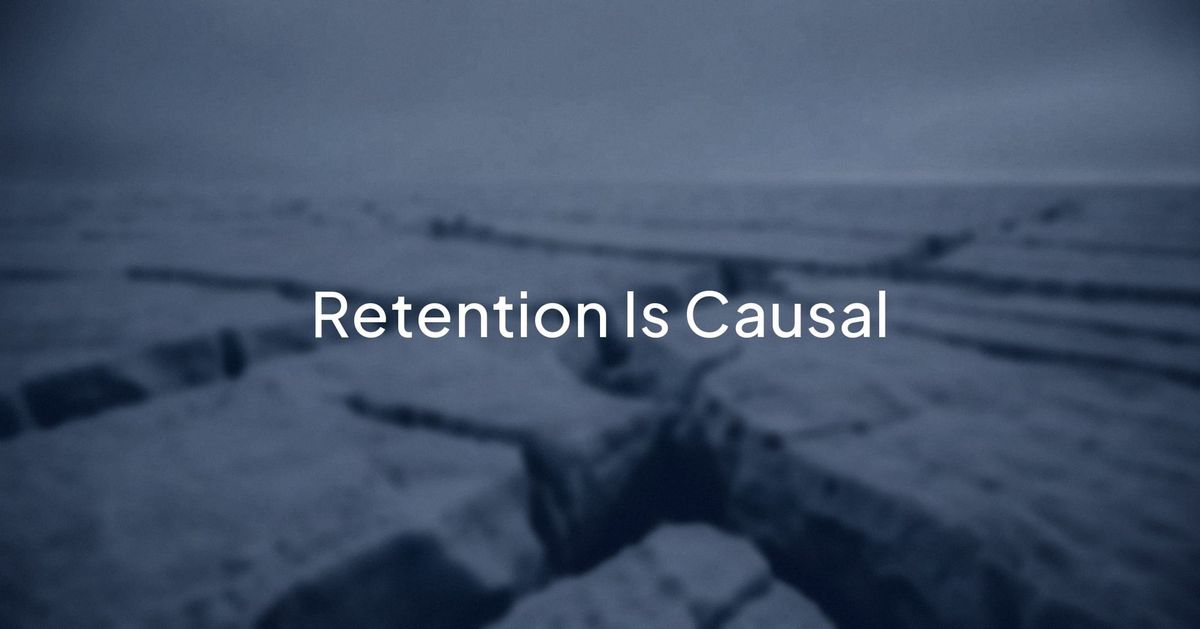 A field of glacial crevasses in blue ice, with the words Retention Is Causal