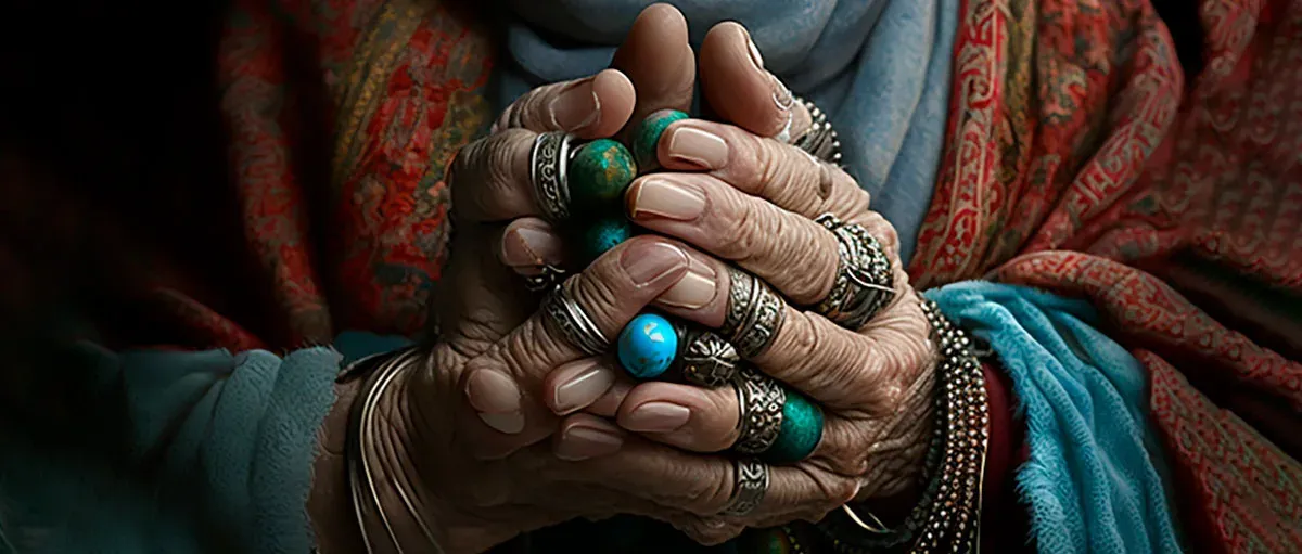 AI-generated illustration showing hands clasped together with too many fingers on each hand.