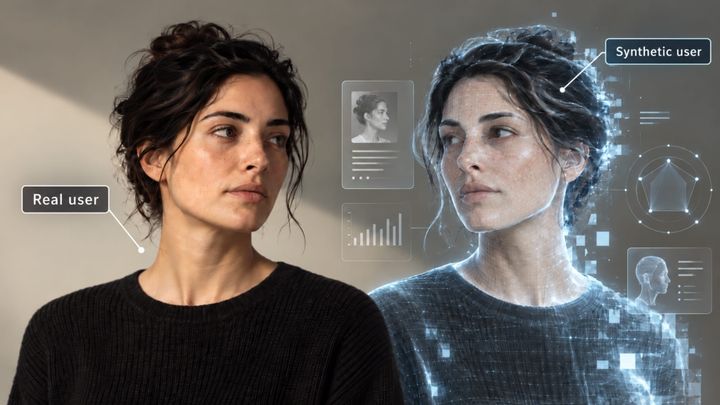 A woman labeled “Real user” stands beside an almost identical digital version of herself labeled “Synthetic user.” The synthetic figure appears as a blue holographic image.