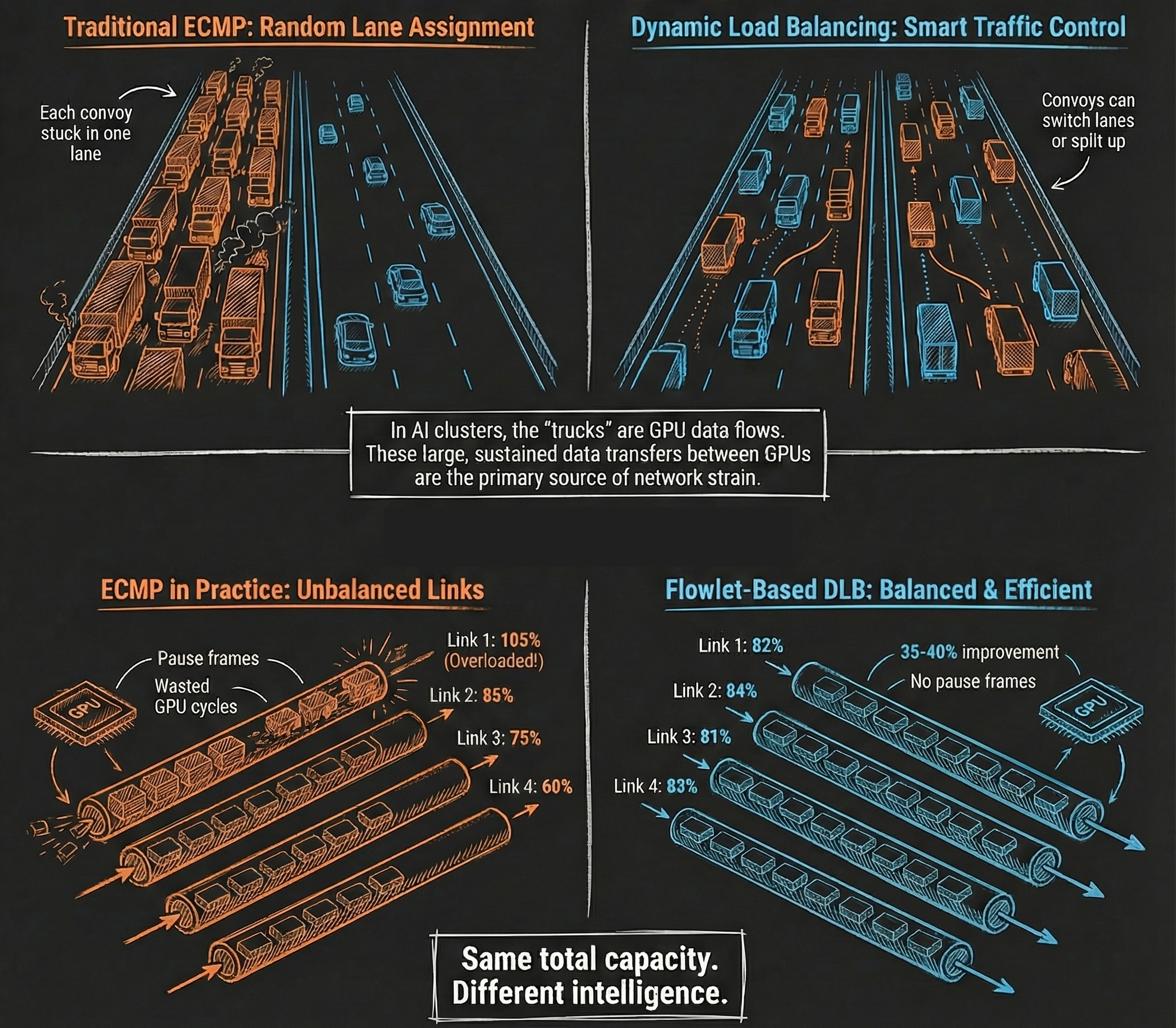Two-part comparison diagram showing highway traffic metaphor and network reality. Top shows traditional ECMP with congested lanes versus dynamic load balancing with even traffic distribution. Bottom shows network links with unbalanced utilization (105%, 85%, 75%, 60%) versus balanced utilization (82%, 84%, 81%, 83%) achieving 35-40% improvement.