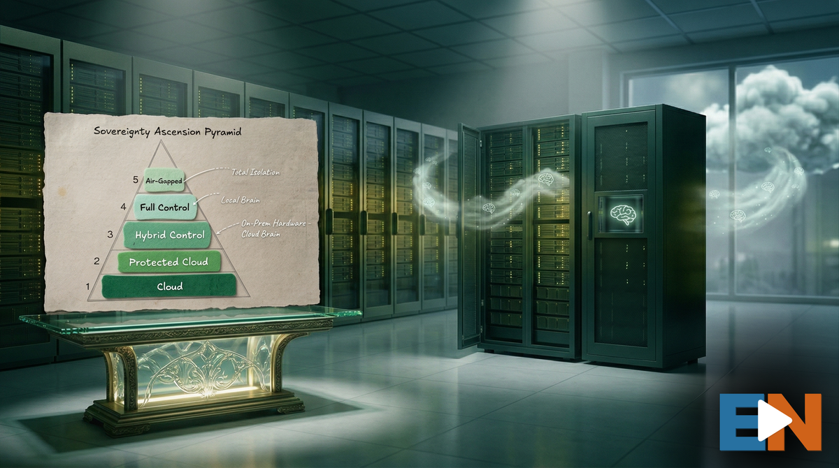 Cinematic data center showing two server racks: one with a cloud-tethered "brain" drifting away, and one with a secure, local "brain" matching the Sovereignty Ascension Pyramid diagram.