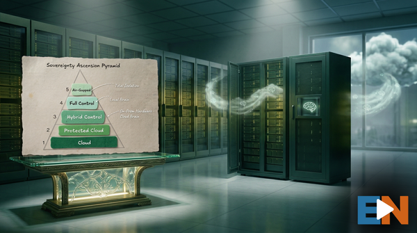 Cinematic data center showing two server racks: one with a cloud-tethered "brain" drifting away, and one with a secure, local "brain" matching the Sovereignty Ascension Pyramid diagram.