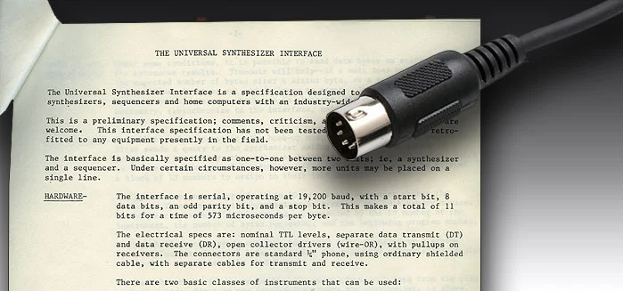 A vintage typed document titled 'The Universal Synthesizer Interface' describing the early specification for connecting synthesizers, sequencers, and home computers, with a five-pin DIN cable resting across the upper right corner.