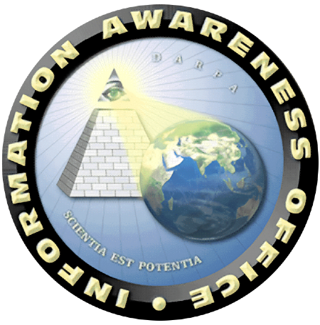 Circular emblem for DARPA's Information Awareness Office, featuring an all-seeing eye atop a pyramid casting light over a globe, with the Latin motto 'Scientia Est Potentia' (knowledge is power) below.