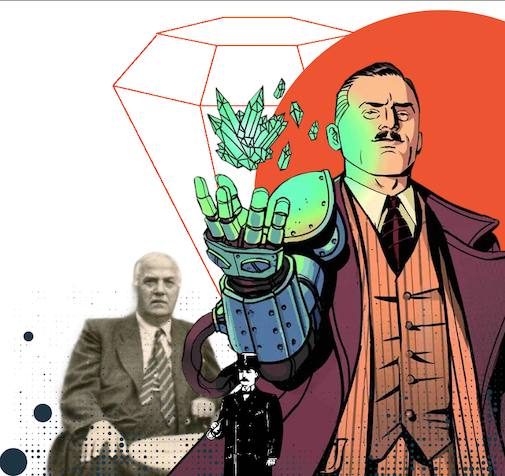 A sepia photograph of Jan Czochralski, seated formally in a suit, paired with a comic-book illustration of him reimagined, extending a robotic arm from which luminous green crystals grow