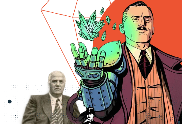 A sepia photograph of Jan Czochralski, seated formally in a suit, paired with a comic-book illustration of him reimagined, extending a robotic arm from which luminous green crystals grow