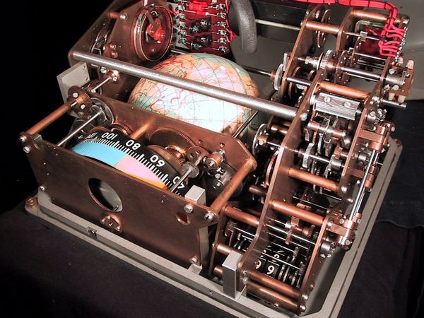 A small globe surrounded by brass clockwork and mechanical mechanisms.