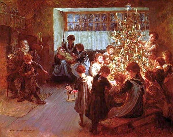 A painting of children decorating a Christmas Tree