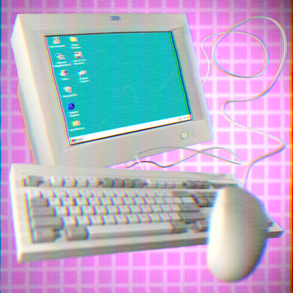 90s style computer running Windows 95 with wired mouse and keyboard on a pink grid background
