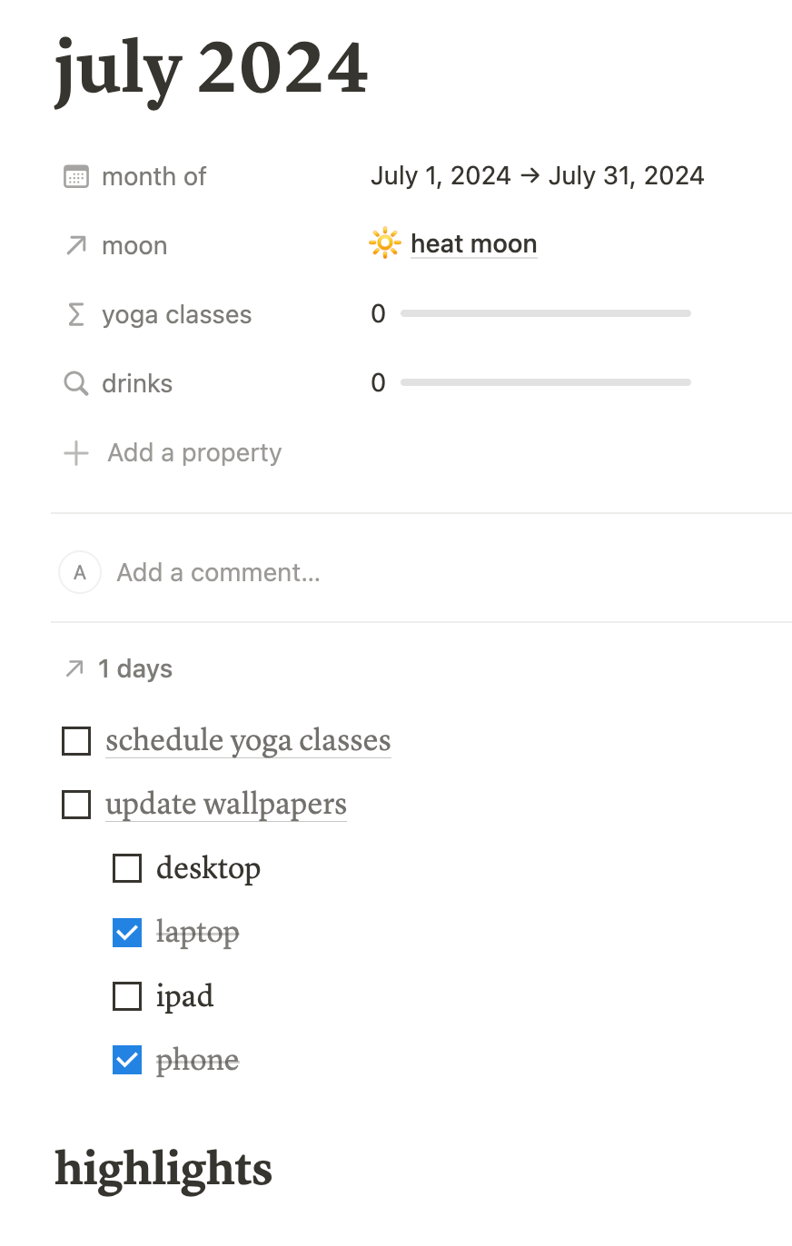 Screenshot of my monthly log for July.