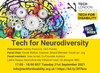 Tech For Neurodiversity event title on yellow with multi-coloured brain and cogs.