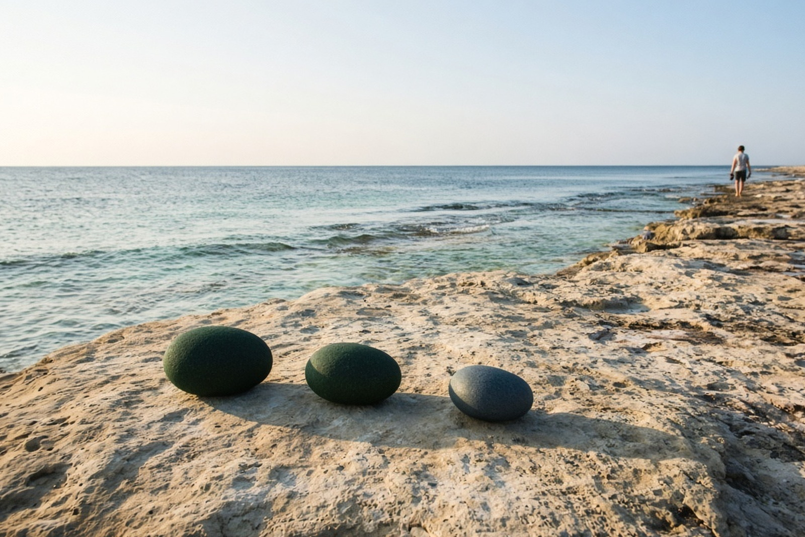 Three smooth stones sit in a row on a limestone shore at sunrise, two in dark olive green and one in smokey blue, with a distant figure walking along the water's edge.