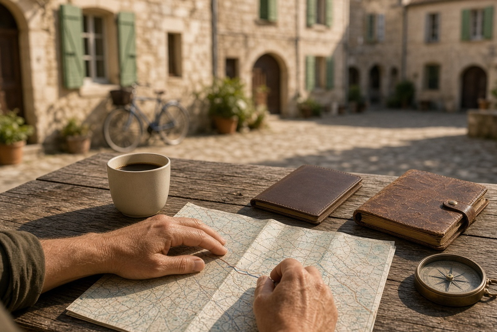 A traveller's hands trace a route on a paper map at a café table in a sunlit old town square, beside a coffee, a leather passport cover, a notebook and a bronze compass.