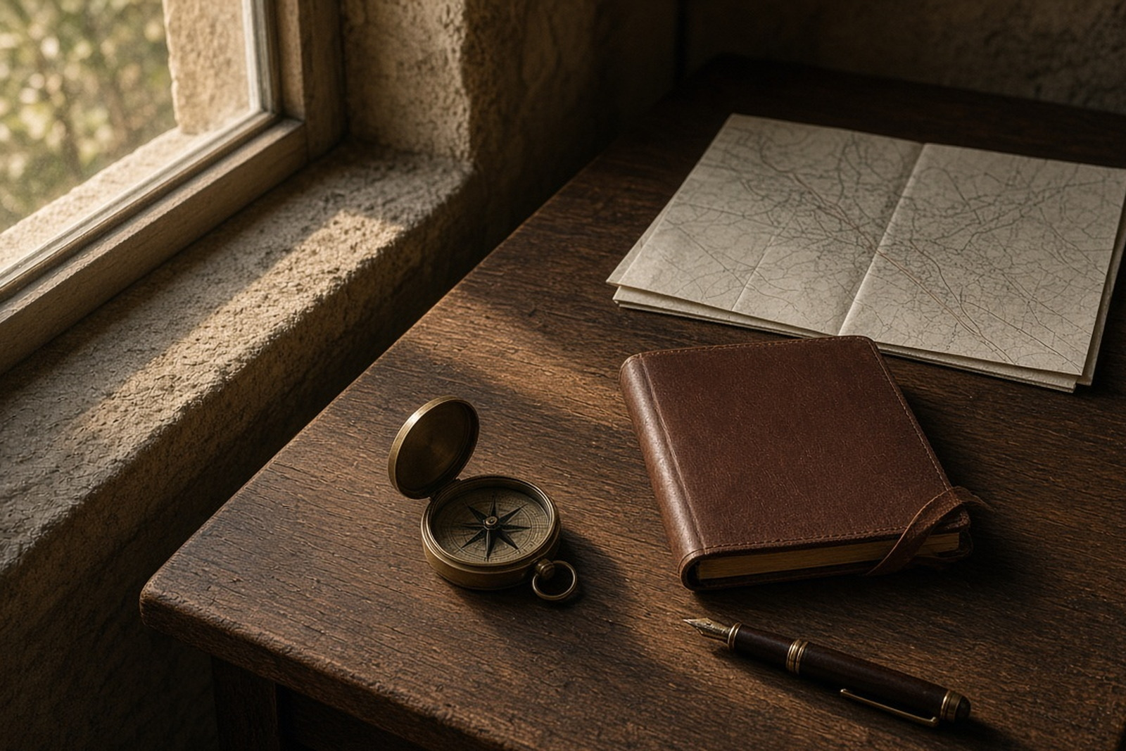 A folded map, leather notebook, brass compass and pen rest on an oak table in late-afternoon light.