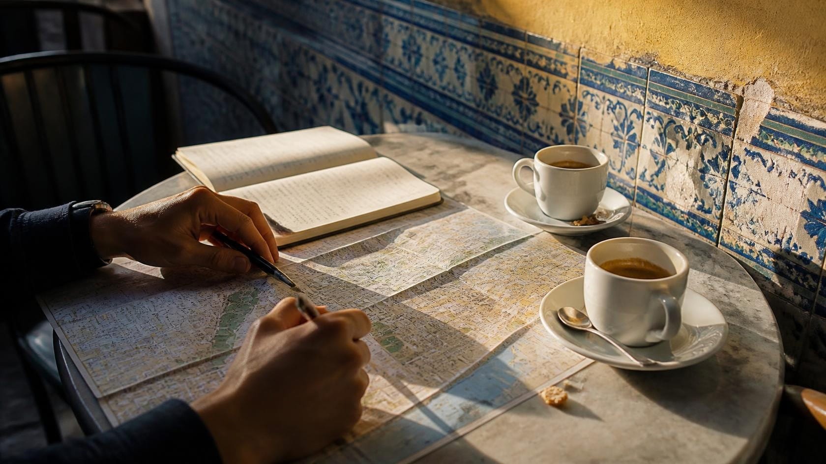 Hands holding a pen over a paper map and notebook on a cafe table, with blue and white Portuguese tiles behind.