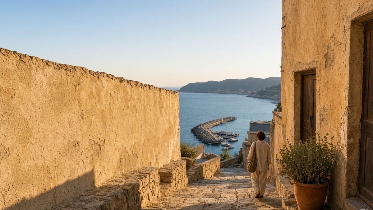 A traveller with a canvas bag walks down sunlit limestone steps between old stone walls toward a small harbour in the early morning.
