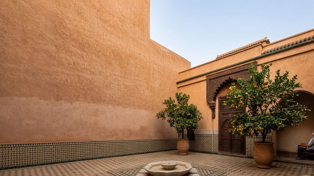 A traveller sits quietly in the shade of a sunlit riad courtyard with a fountain, orange trees and warm plaster walls, holding a closed journal.