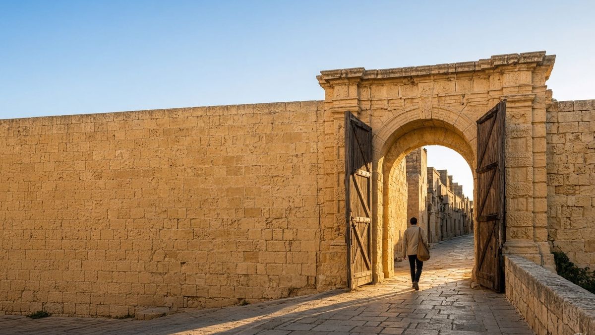 A traveller with a canvas bag walks through a tall limestone city gateway into golden late afternoon light.