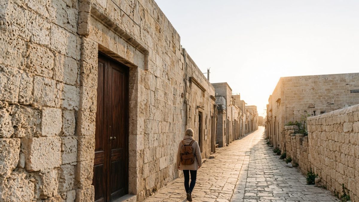 A lone traveller stands at the end of an old limestone street at first light.