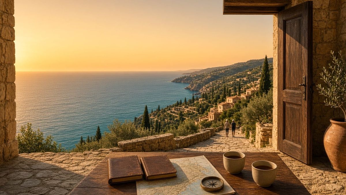 Two leather travel journals, a map and a compass on a stone terrace table, with an open doorway framing a coastal village at golden hour.