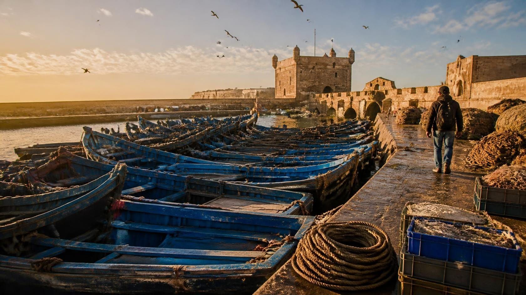 Blue wooden fishing boats moored against a stone quay at golden hour, with a lone traveller walking away along the harbour.