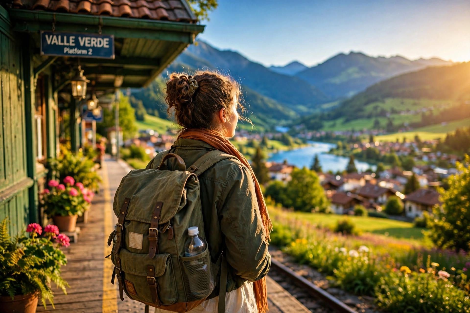 A traveler with a green backpack stands on the sunlit wooden platform of Valle Verde station, looking out over a vibrant green valley with a blue river, red-roofed village, and mountains bath