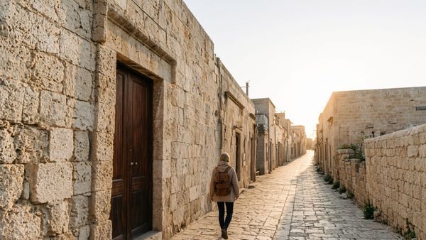 A lone traveller stands at the end of an old limestone street at first light.