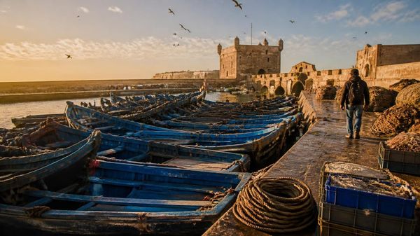 Blue wooden fishing boats moored against a stone quay at golden hour, with a lone traveller walking away along the harbour.