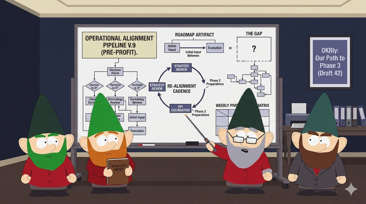 Underwear Gnomes studying a strategic chaos diagram with arrows looping between unclear phases, looking earnest and confused