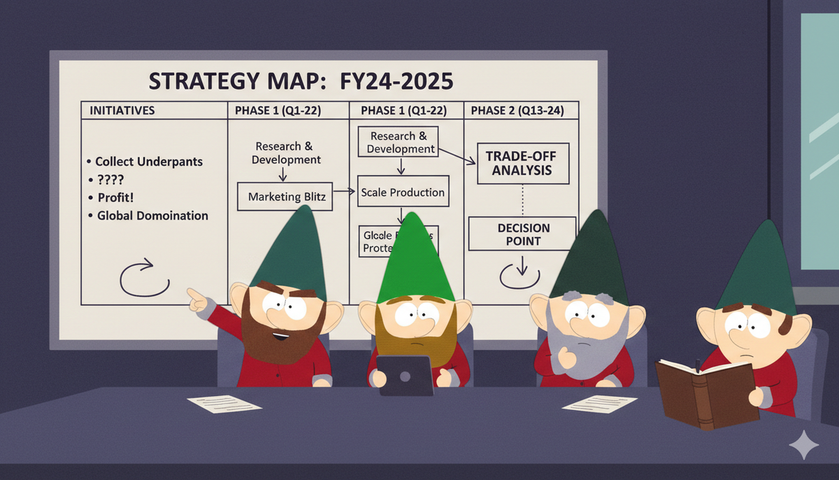 Cartoon of underpants gnomes illustrating how leadership teams skip the hard tradeoff step between strategy and results