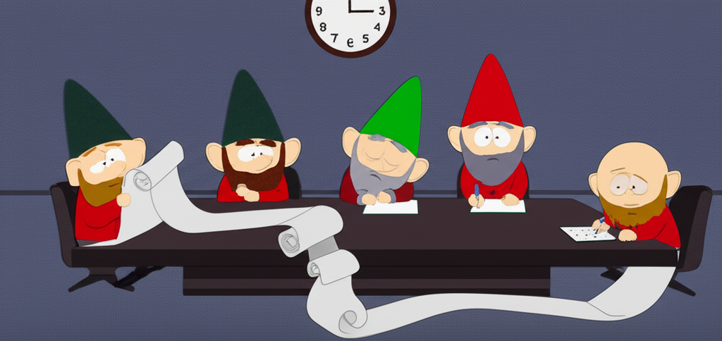 Underwear Gnomes in a meeting room with one gnome reading from a long scroll while others look glazed over