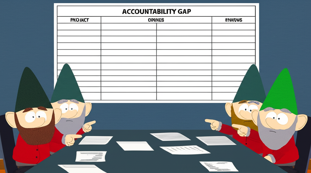 Underwear Gnomes around a table pointing at each other over an unfinished project chart with no clear owner column