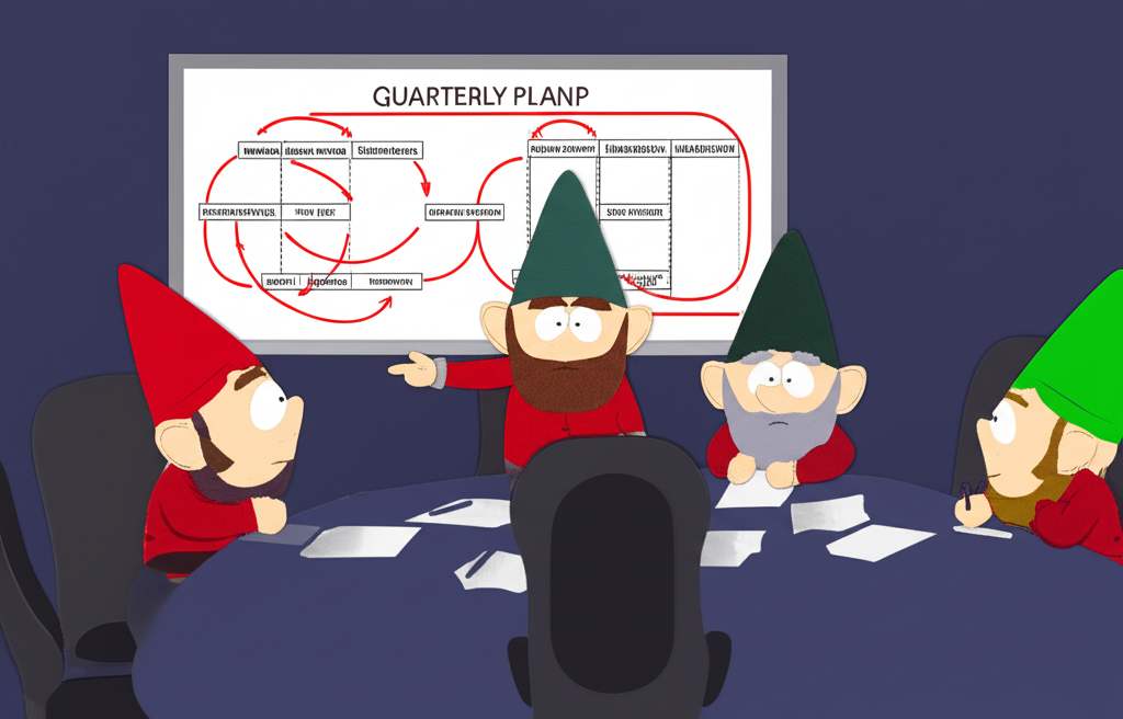 Underwear Gnomes in a boardroom studying an overly complex quarterly plan on a whiteboard with visible gaps and circular arrows
