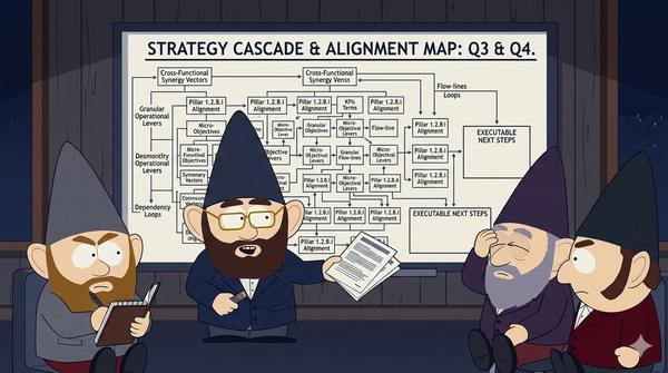 Underwear Gnomes staring at an overcomplicated strategy map titled "Strategy Cascade & Alignment Map: Q3 & Q4"