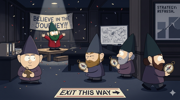 Underwear Gnomes at a motivational rally — one gnome gives an impassioned speech under a "BELIEVE IN THE JOURNEY!!" banner while the others hold spinning compasses and face random directions