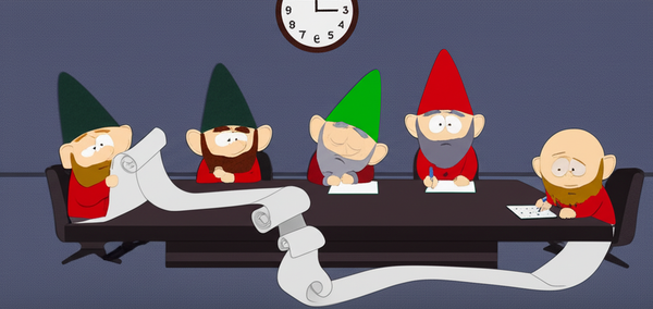 Underwear Gnomes in a meeting room with one gnome reading from a long scroll while others look glazed over