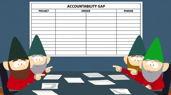 Underwear Gnomes around a table pointing at each other over an unfinished project chart with no clear owner column