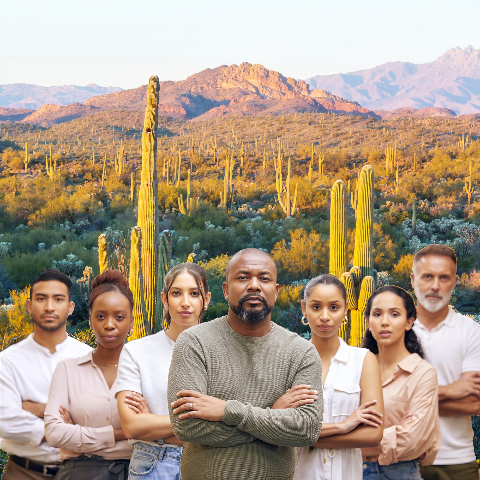 A sloppy photoshop jpb showing a diverse group of people forming a cordon in front of a desert landscape.