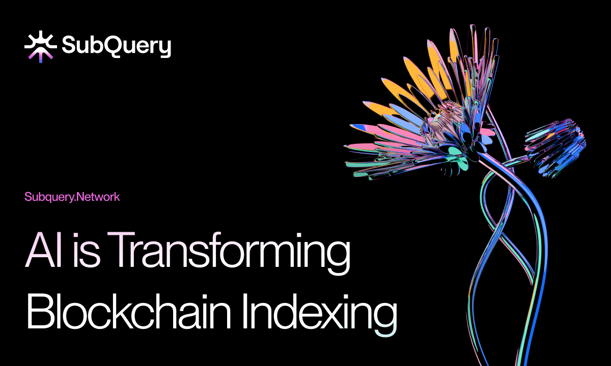 SubQuery banner with abstract graphic and text: AI is Transforming Blockchain Indexing.