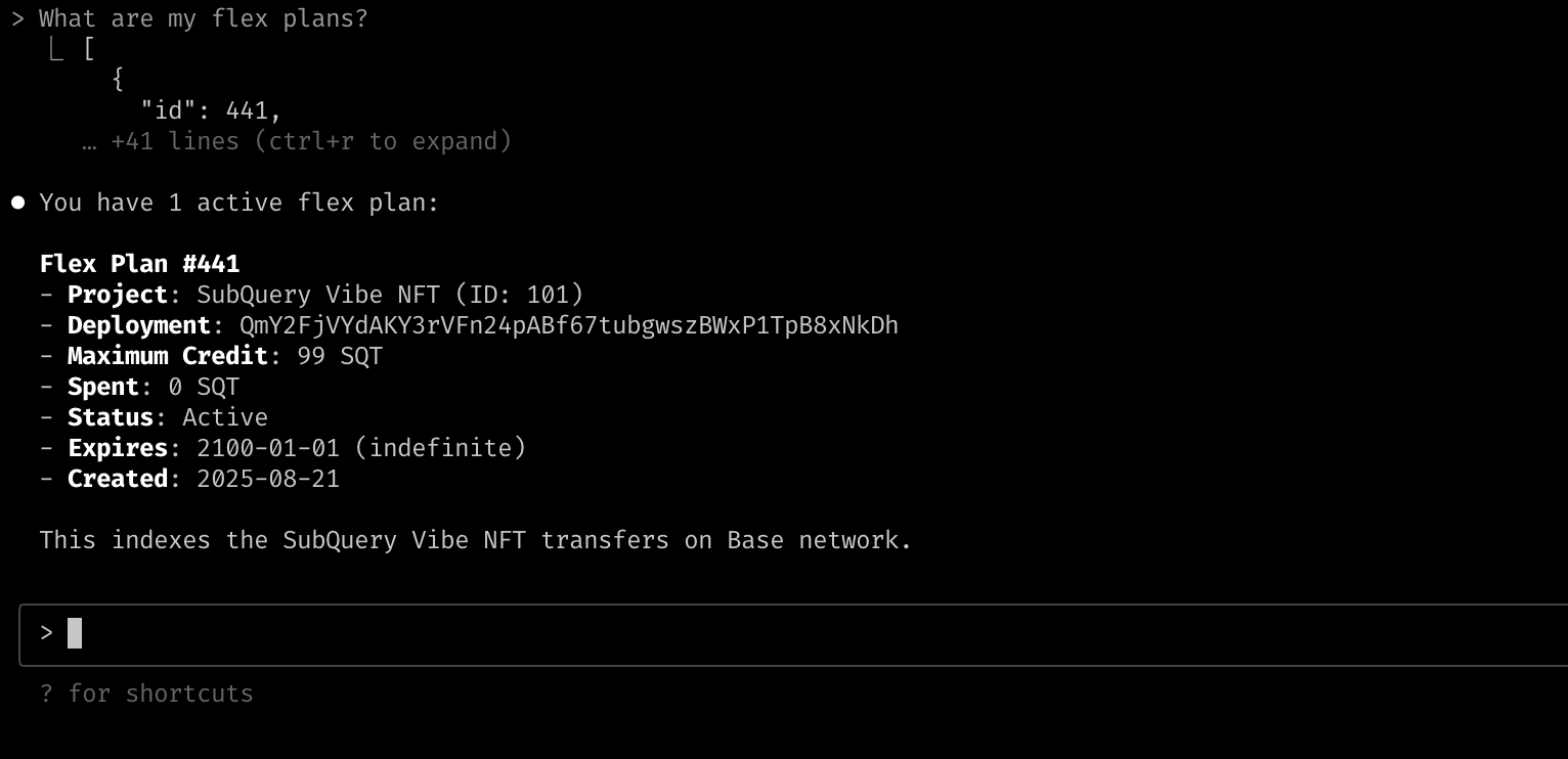Claude MCP response to query showing an active flex plan indexing project transfers on Base network.