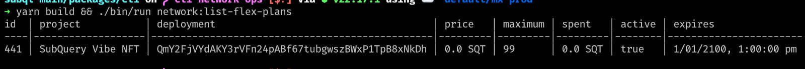 SubQuery CLI showing an active flex plan indexing project transfers on Base network.