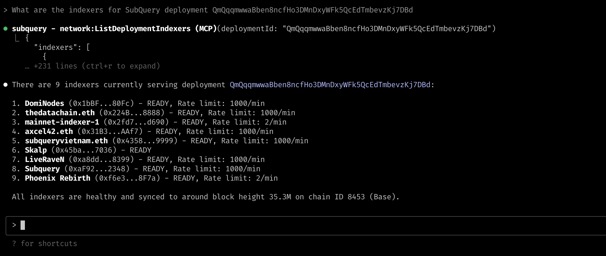 Claude MCP response listing 9 healthy indexers serving a project deployment on the Base network.
