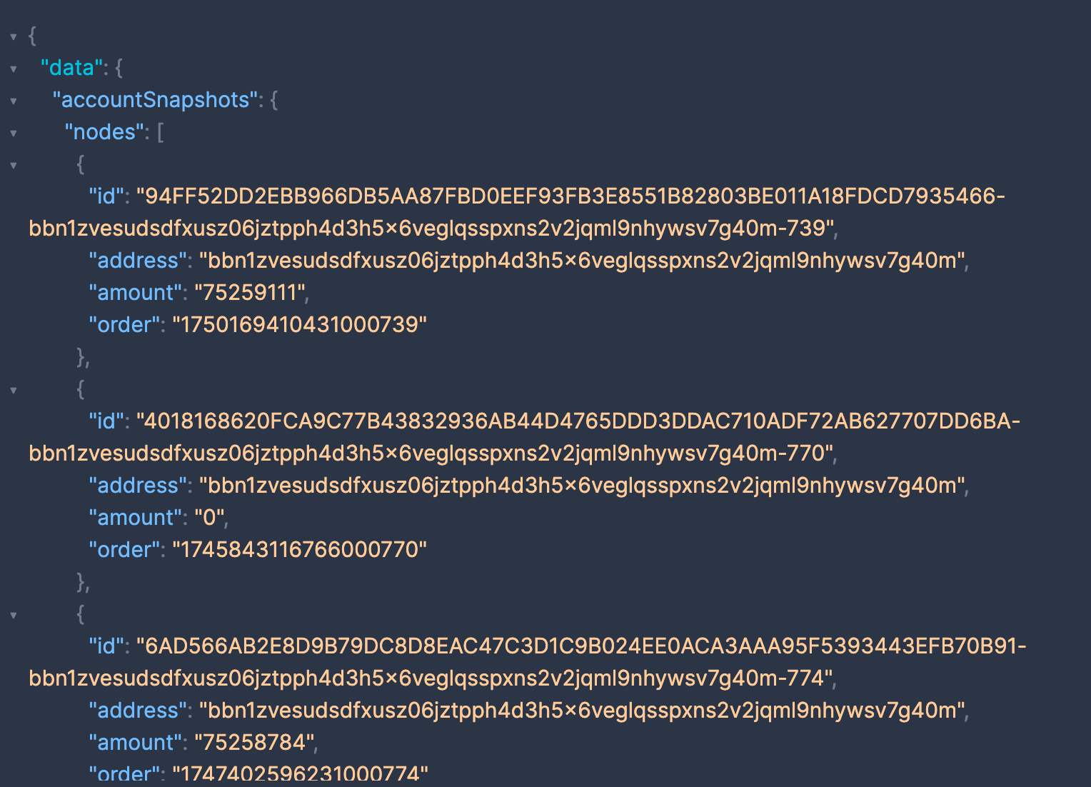 Image showing the results of an example query from SatLayer’s SubQuery indexer. The indexer is returning the requested blockchain data.