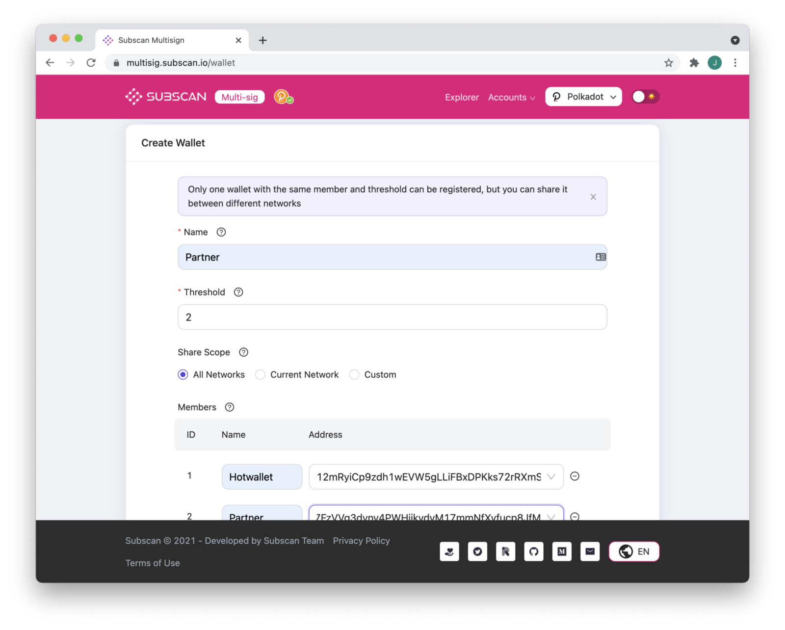 Users can easily create new multi-signature addresses