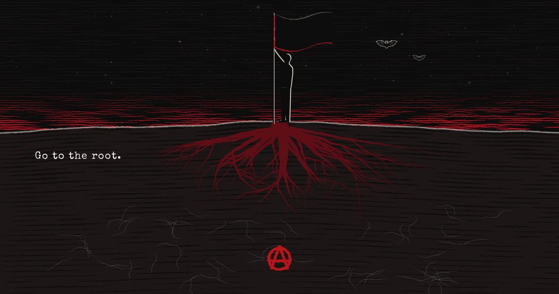 A small figure plants a black flag on a ridge at dusk; below the ground, red roots spread down toward a buried circled A. "Go to the root."