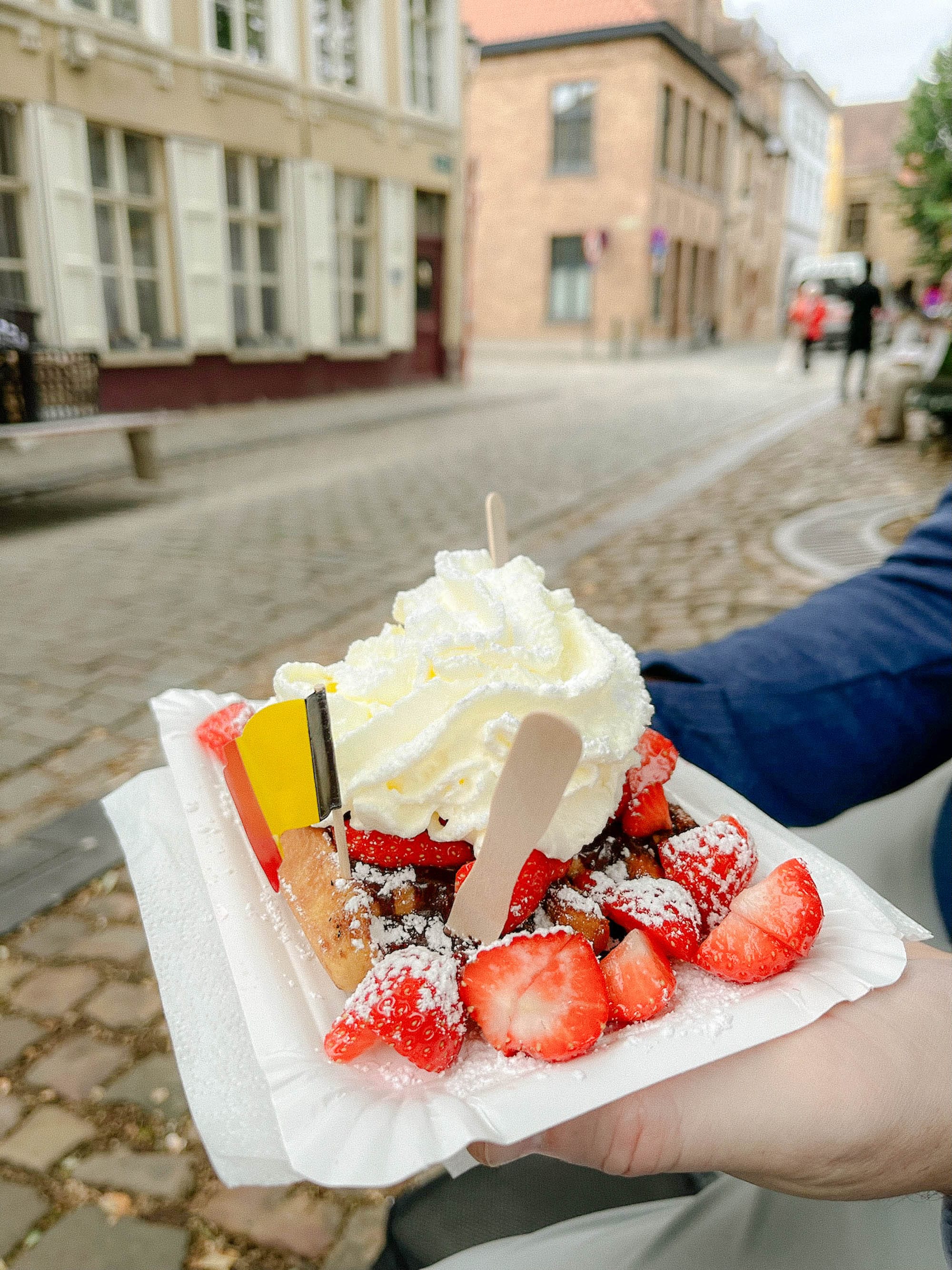 a plate of belgian waffles in bruges belgium